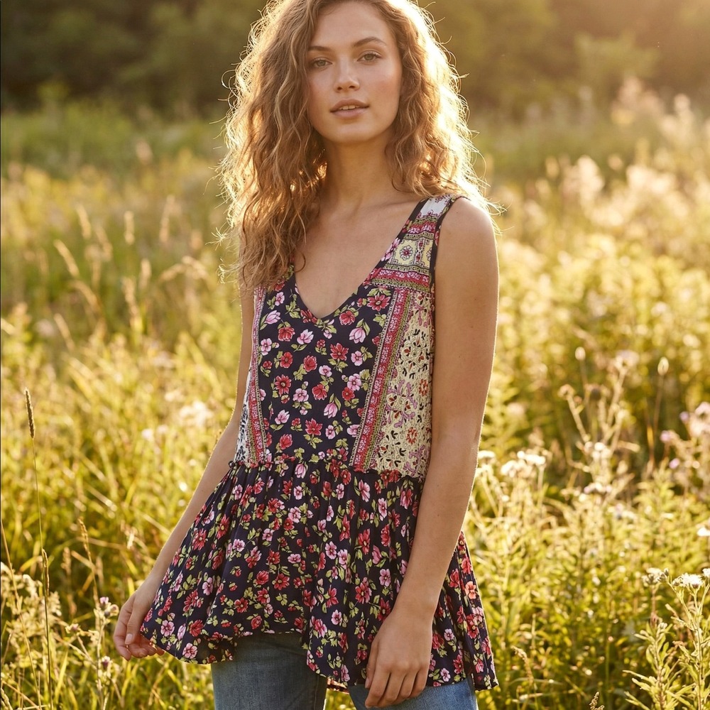 Bila M Babydoll Tank Top Patchwork Floral Boho Chic Cottage Indie Flowy Indie‎
